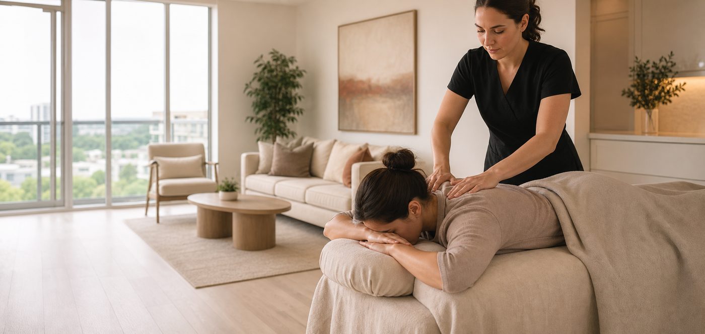 Prepared mobile massage setting in a bright home